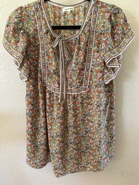 Max Studio Floral Tie-Neck Tunic in Orange, Yellow & Cream